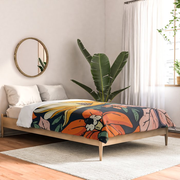 Night Forest, Colorful Dark Eclectic Floral Nature Botanical Jungle Floral Bohemian Illustration Comforter Gallery Image 2