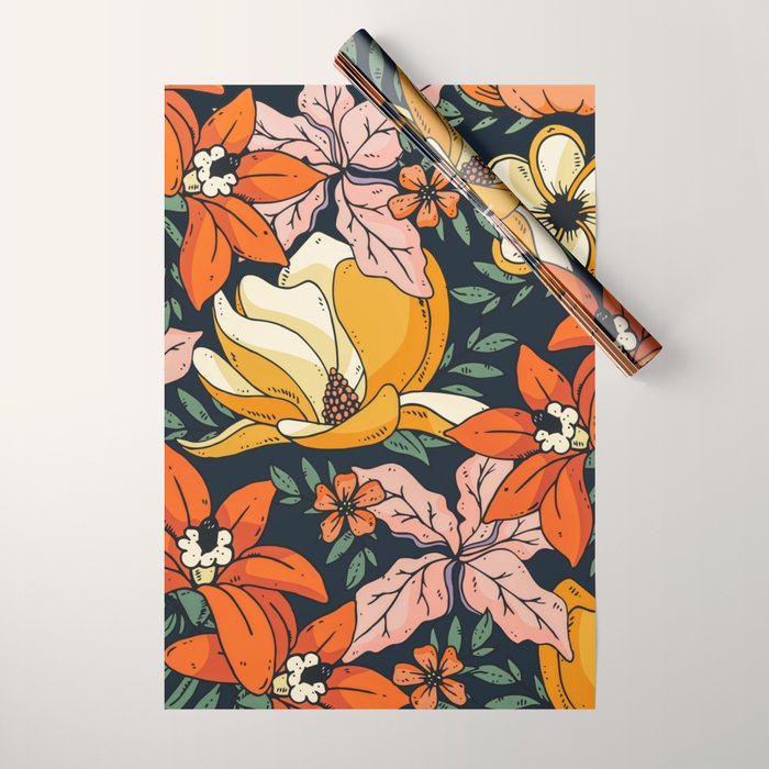 Night Forest, Colorful Dark Eclectic Floral Nature Botanical Jungle Floral Bohemian Illustration Wrapping Paper Gallery Image 1