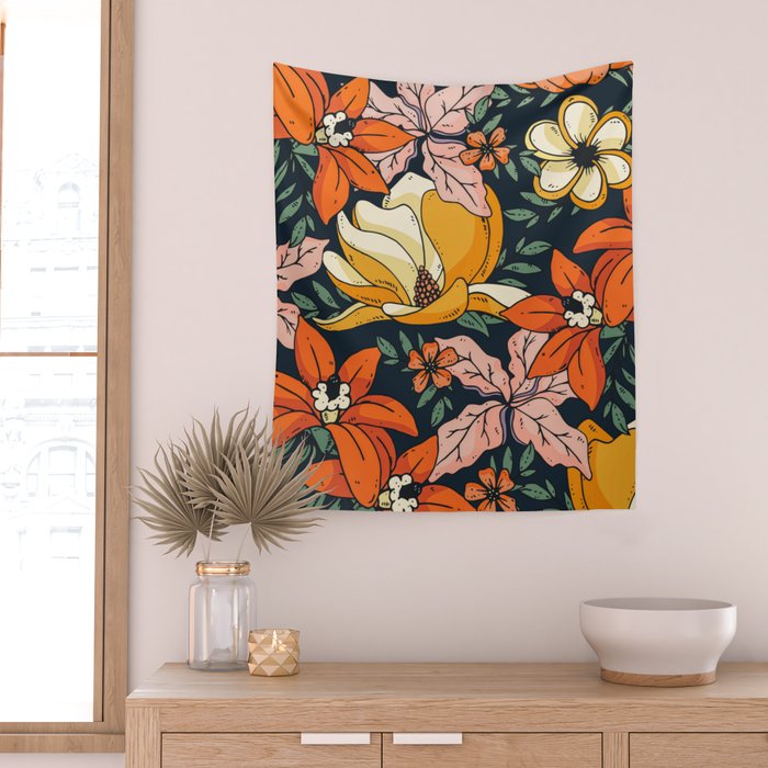 Night Forest, Colorful Dark Eclectic Floral Nature Botanical Jungle Floral Bohemian Illustration Wall Tapestry Gallery Image 2