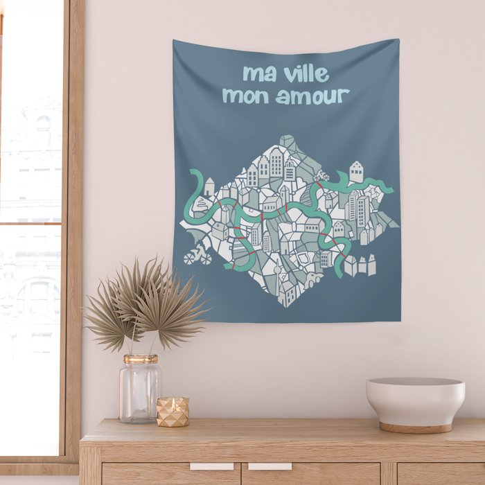 ma ville mon amour; City life collection blue teal  Wall Tapestry Gallery Image 2