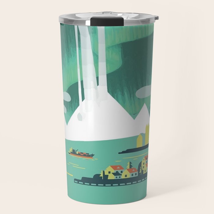 Vintage Mid Century Modern Iceland Scandinavian Travel Poster Ocean Whale Winter Village Travel Mug Gallery Image 1
