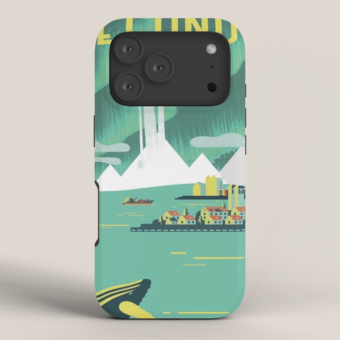 Vintage Mid Century Modern Iceland Scandinavian Travel Poster Ocean Whale Winter Village iPhone Case Gallery Image 3