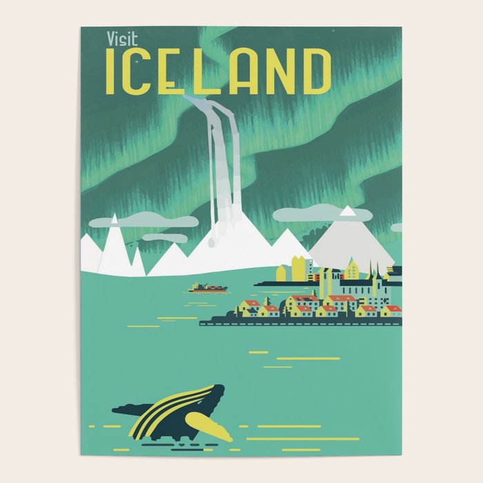 Vintage Mid Century Modern Iceland Scandinavian Travel Poster Ocean Whale Winter Village Poster Gallery Image 1