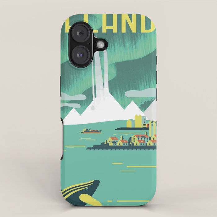 Vintage Mid Century Modern Iceland Scandinavian Travel Poster Ocean Whale Winter Village iPhone Case Gallery Image 1