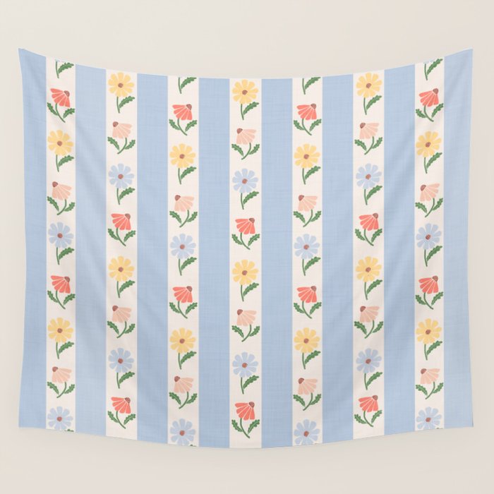 Sweet Floral Stripes - vintage blue Wall Tapestry Gallery Image 4