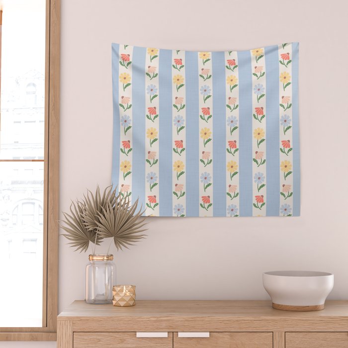 Sweet Floral Stripes - vintage blue Wall Tapestry Gallery Image 2
