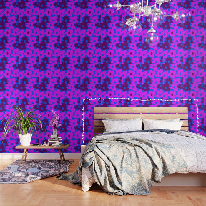 Large Pink and Purple Retro Flowers Blue Background #decor #society6 #buyart Wallpaper Gallery Image 3