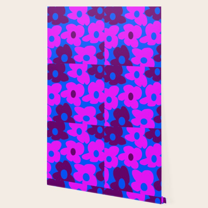 Large Pink and Purple Retro Flowers Blue Background #decor #society6 #buyart Wallpaper Gallery Image 2