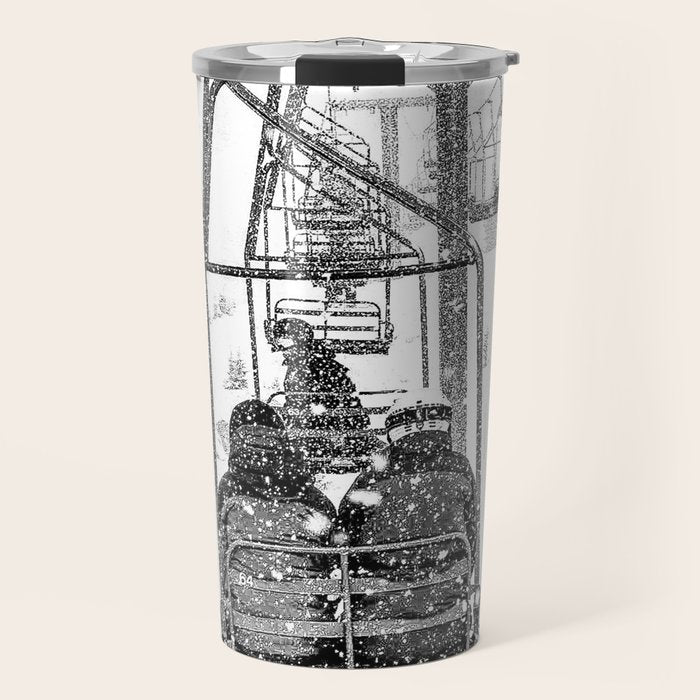 Snow Lift // Ski Chair Lift Colorado Mountains Black and White Snowboarding Vibes Photography Travel Mug Gallery Image 1