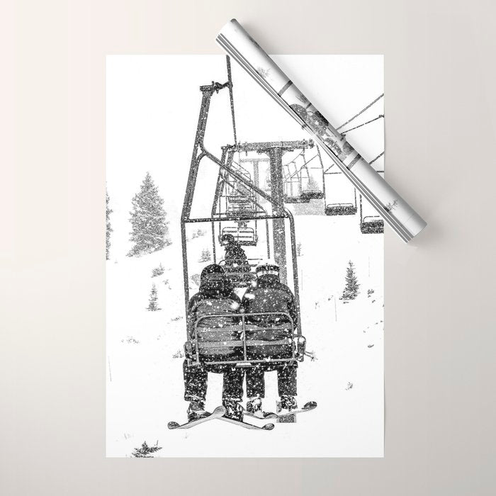 Snow Lift // Ski Chair Lift Colorado Mountains Black and White Snowboarding Vibes Photography Wrapping Paper Gallery Image 1
