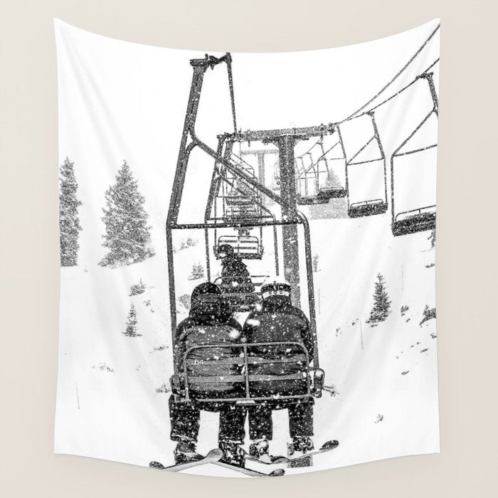 Snow Lift // Ski Chair Lift Colorado Mountains Black and White Snowboarding Vibes Photography Wall Tapestry Gallery Image 1