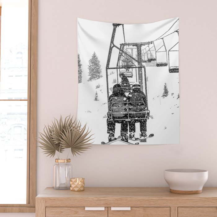 Snow Lift // Ski Chair Lift Colorado Mountains Black and White Snowboarding Vibes Photography Wall Tapestry Gallery Image 2