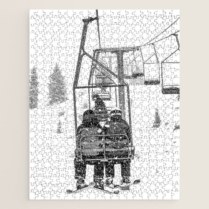 Snow Lift // Ski Chair Lift Colorado Mountains Black and White Snowboarding Vibes Photography Jigsaw Puzzle Gallery Image 1