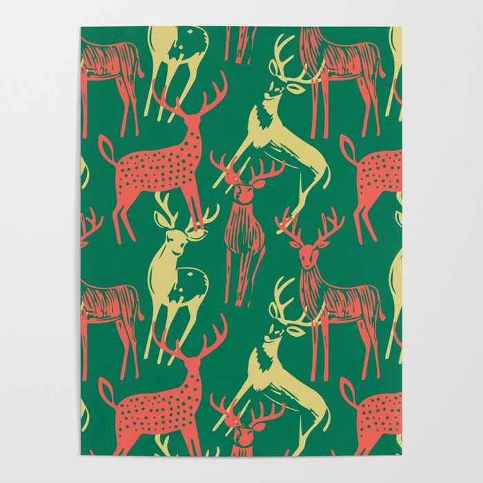 Green christmas reindeer animal pattern Poster Gallery Image 1