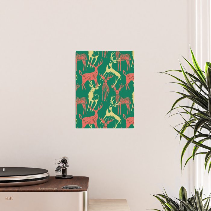 Green christmas reindeer animal pattern Poster Gallery Image 2