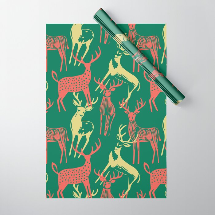 Green christmas reindeer animal pattern Wrapping Paper Gallery Image 1