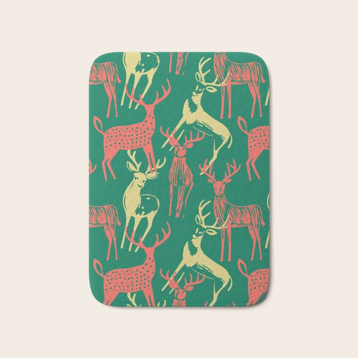 Green christmas reindeer animal pattern Bath Mat Gallery Image 1