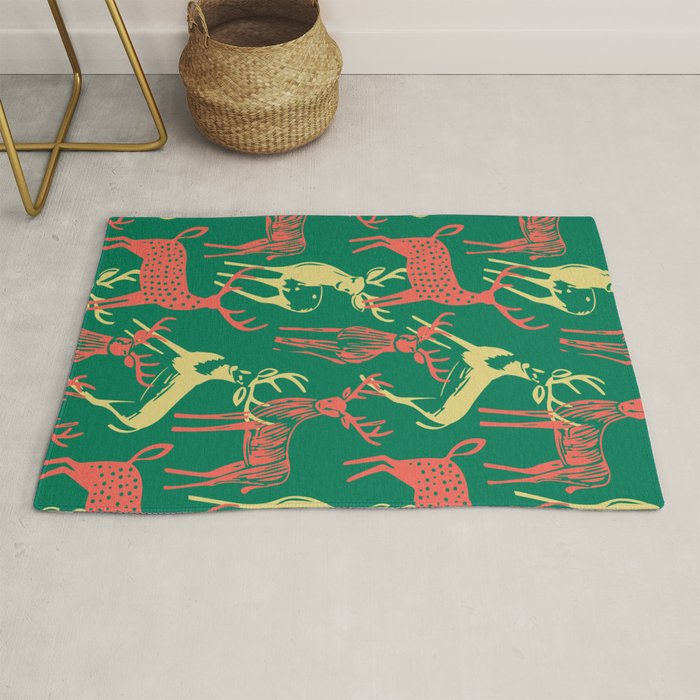 Green christmas reindeer animal pattern Rug Gallery Image 1