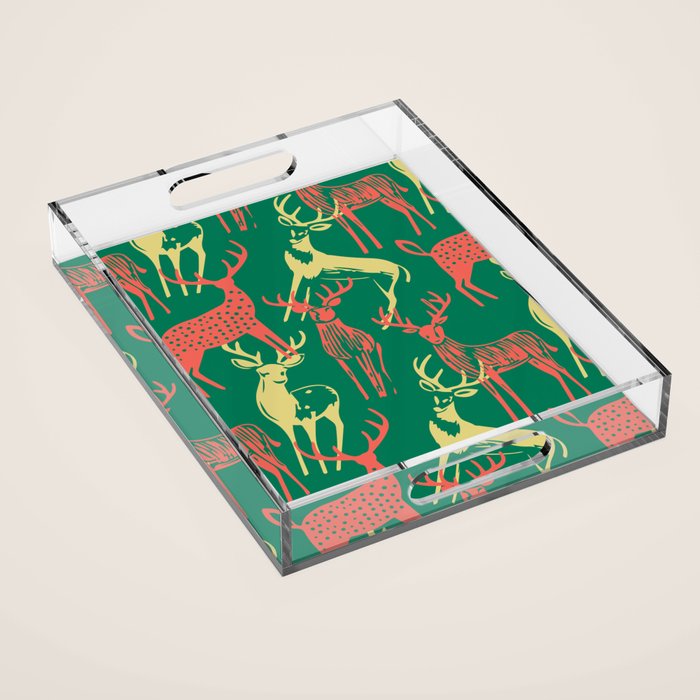 Green christmas reindeer animal pattern Acrylic Tray Gallery Image 1