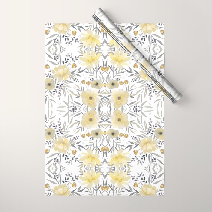 Modern, Floral Prints, Yellow, Gray and White Wrapping Paper Gallery Image 1