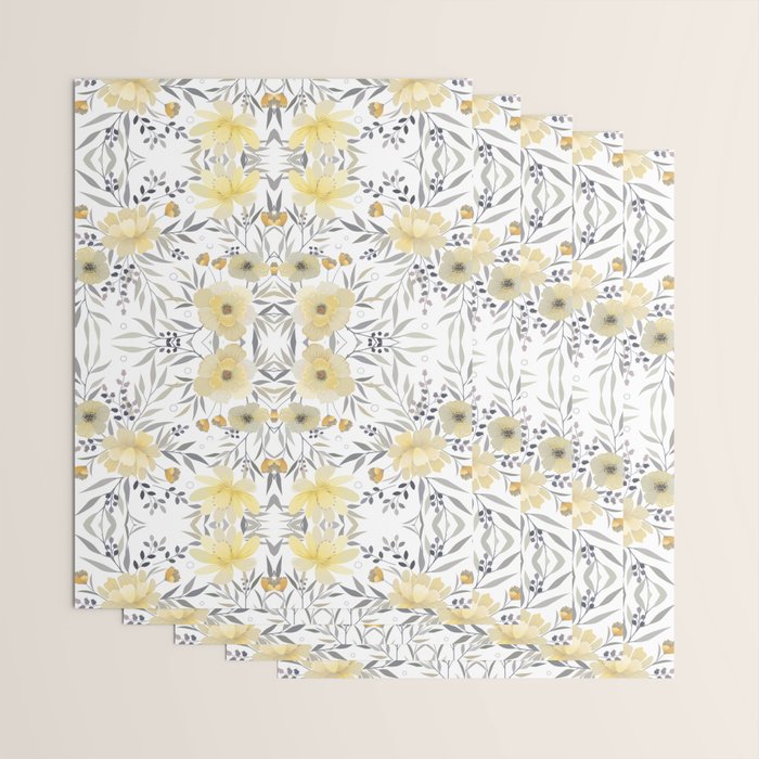 Modern, Floral Prints, Yellow, Gray and White Wrapping Paper Gallery Image 3
