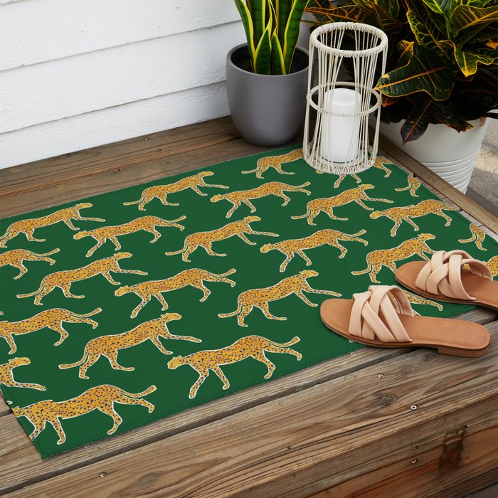 Tropical Animal Print Green Cheetah Illustration Outdoor Rug Gallery Image 2