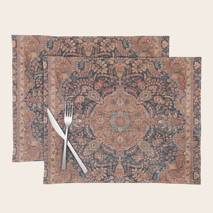 Antique Persian Tabriz Rust Red & Blue Placemat Gallery Image 1