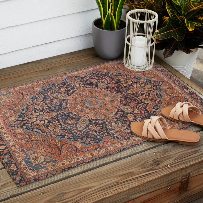 Antique Persian Tabriz Rust Red & Blue Outdoor Rug Gallery Image 2