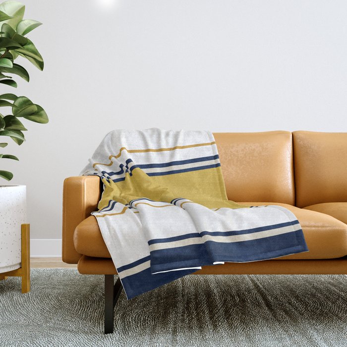 Wide and Thin Stripes Color Block Pattern in Mustard Yellow, Navy Blue, Ivory, and White Throw Blanket Gallery Image 1