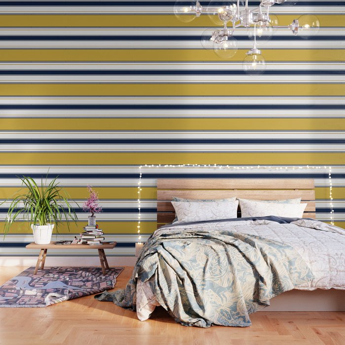 Wide and Thin Stripes Color Block Pattern in Mustard Yellow, Navy Blue, Ivory, and White Wallpaper Gallery Image 1