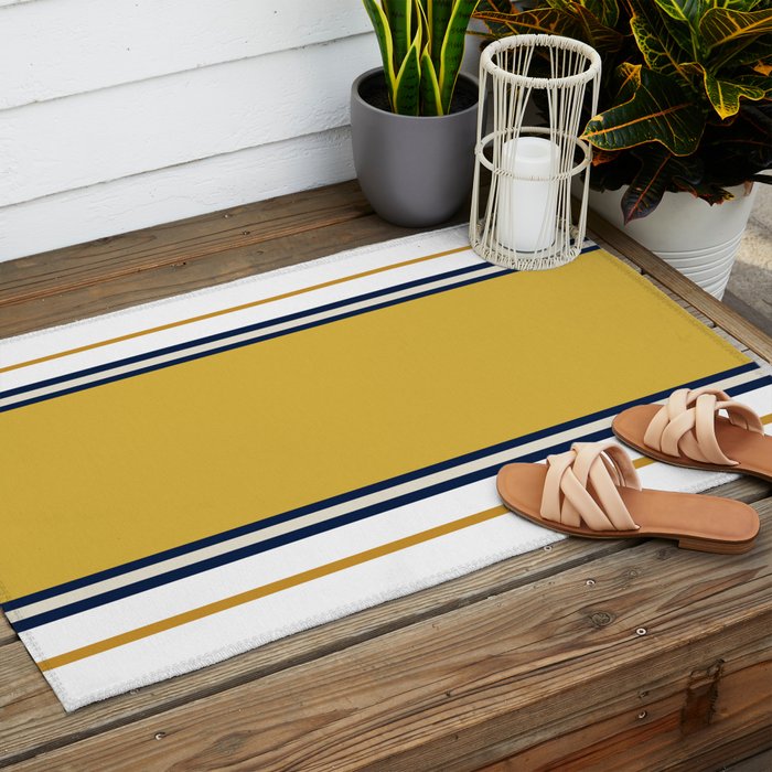 Wide and Thin Stripes Color Block Pattern in Mustard Yellow, Navy Blue, Ivory, and White Outdoor Rug Gallery Image 2