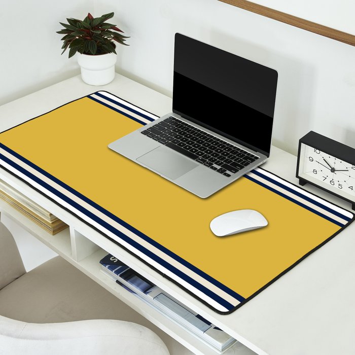 Wide and Thin Stripes Color Block Pattern in Mustard Yellow, Navy Blue, Ivory, and White Desk Mat Gallery Image 2