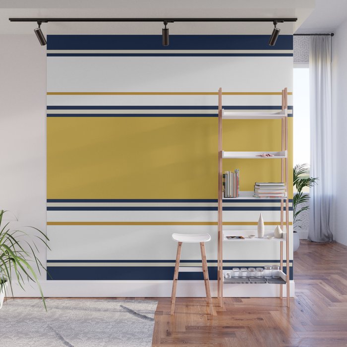 Wide and Thin Stripes Color Block Pattern in Mustard Yellow, Navy Blue, Ivory, and White Wall Mural Gallery Image 1