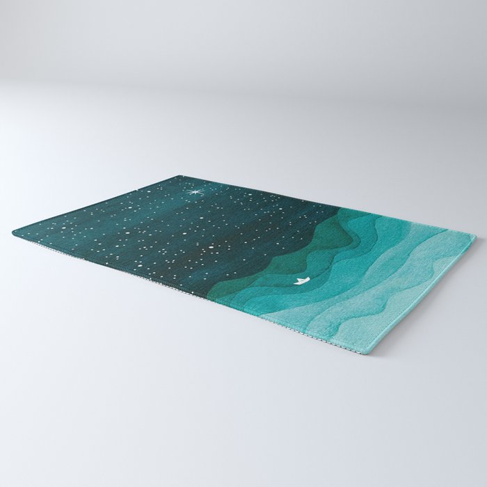 Starry Ocean, teal sailboat watercolor sea waves night Rug Gallery Image 3