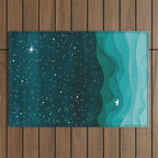 Starry Ocean, teal sailboat watercolor sea waves night Outdoor Rug Gallery Image 1
