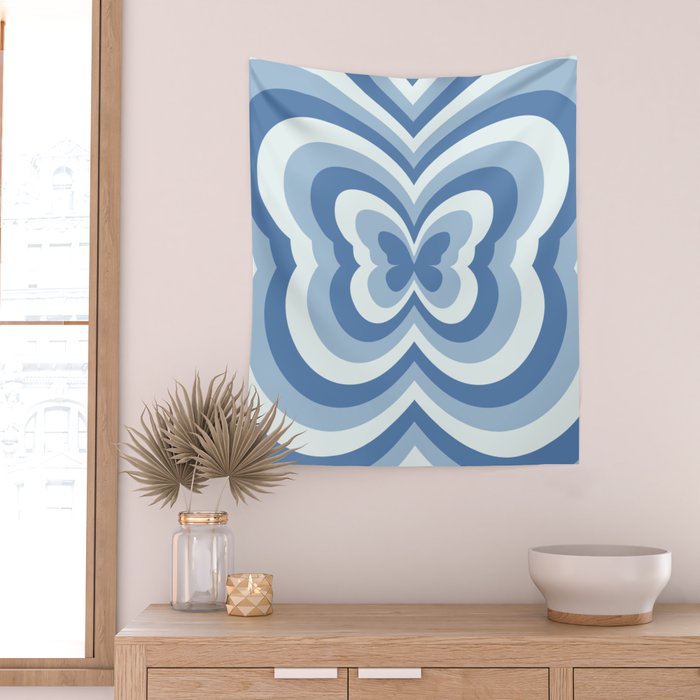 Retro 70s Butterfly in Ocean Blue Wall Tapestry Gallery Image 2