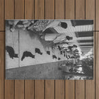 Black Cats Auditioning in Hollywood black and white photograph Outdoor Rug Gallery Image 1