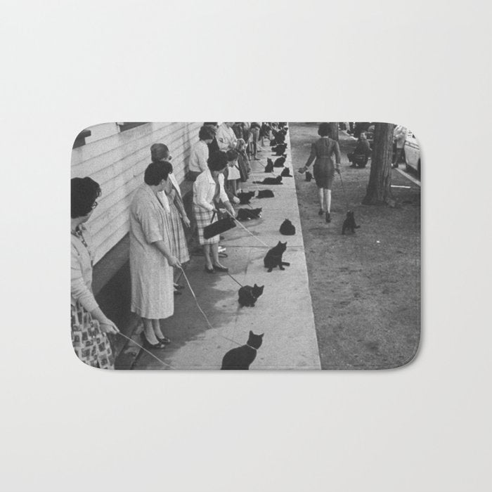 Black Cats Auditioning in Hollywood black and white photograph Bath Mat Gallery Image 1