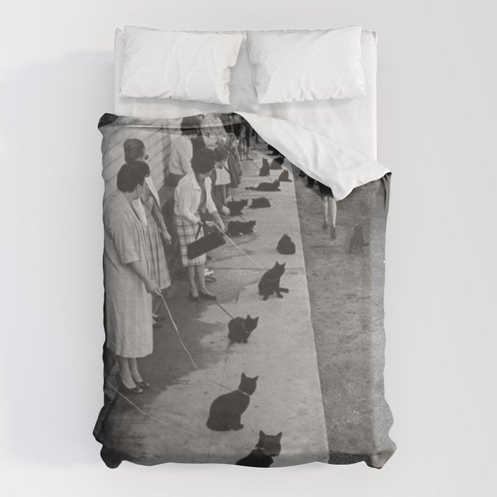 Black Cats Auditioning in Hollywood black and white photograph Duvet Cover Gallery Image 1
