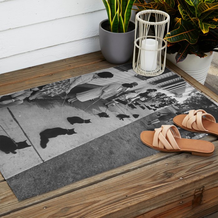Black Cats Auditioning in Hollywood black and white photograph Outdoor Rug Gallery Image 2