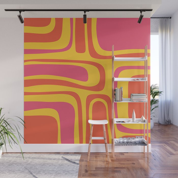 Palm Springs Mid Century Modern Abstract Pattern in Retro Bright Yellow, Hot Pink, and Orange-Red Wall Mural Gallery Image 1