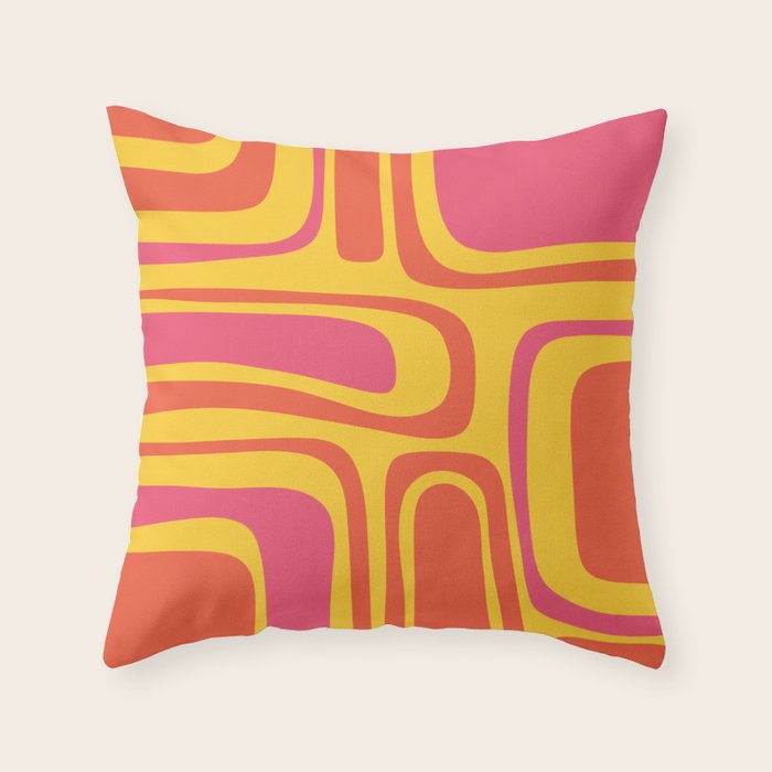 Palm Springs Mid Century Modern Abstract Pattern in Retro Bright Yellow, Hot Pink, and Orange-Red Throw Pillow Gallery Image 1