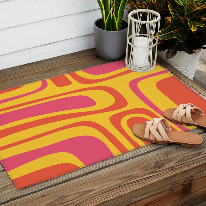 Palm Springs Mid Century Modern Abstract Pattern in Retro Bright Yellow, Hot Pink, and Orange-Red Outdoor Rug Gallery Image 2
