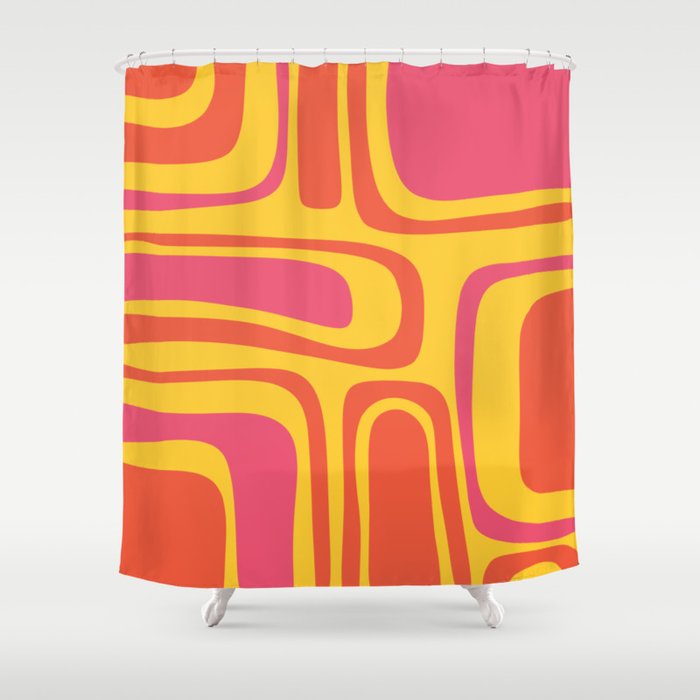Palm Springs Mid Century Modern Abstract Pattern in Retro Bright Yellow, Hot Pink, and Orange-Red Shower Curtain Gallery Image 1