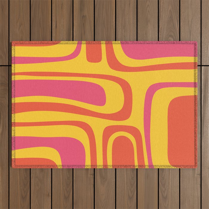 Palm Springs Mid Century Modern Abstract Pattern in Retro Bright Yellow, Hot Pink, and Orange-Red Outdoor Rug Gallery Image 1