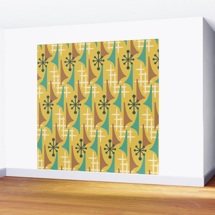 Mid Century Modern Atomic Wing Composition 55 Yellow Brown and Teal Wall Mural Gallery Image 2
