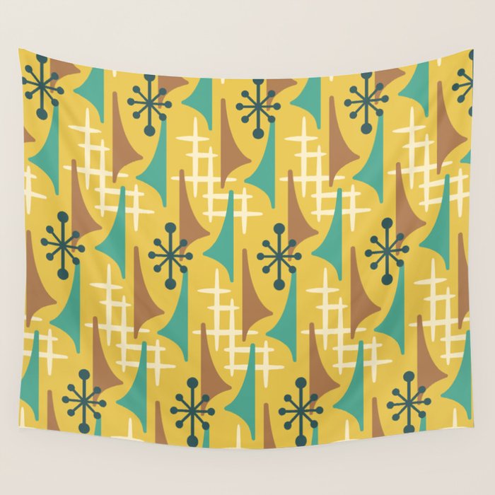 Mid Century Modern Atomic Wing Composition 55 Yellow Brown and Teal Wall Tapestry Gallery Image 4