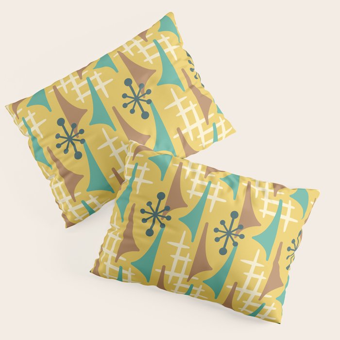 Mid Century Modern Atomic Wing Composition 55 Yellow Brown and Teal Pillow Sham Gallery Image 1