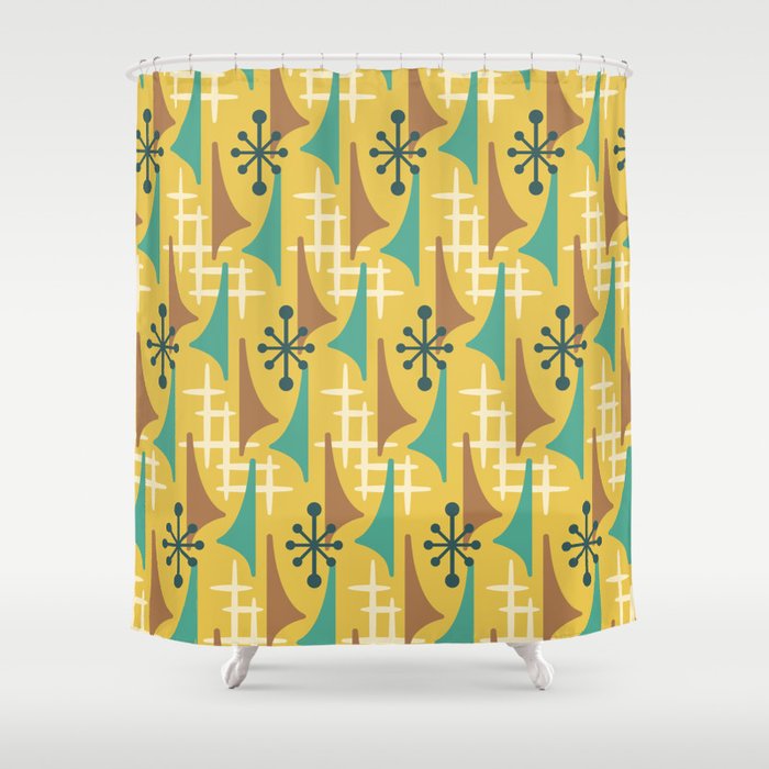 Mid Century Modern Atomic Wing Composition 55 Yellow Brown and Teal Shower Curtain Gallery Image 1