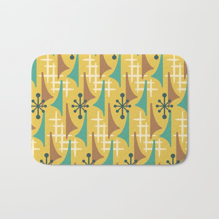 Mid Century Modern Atomic Wing Composition 55 Yellow Brown and Teal Bath Mat Gallery Image 1
